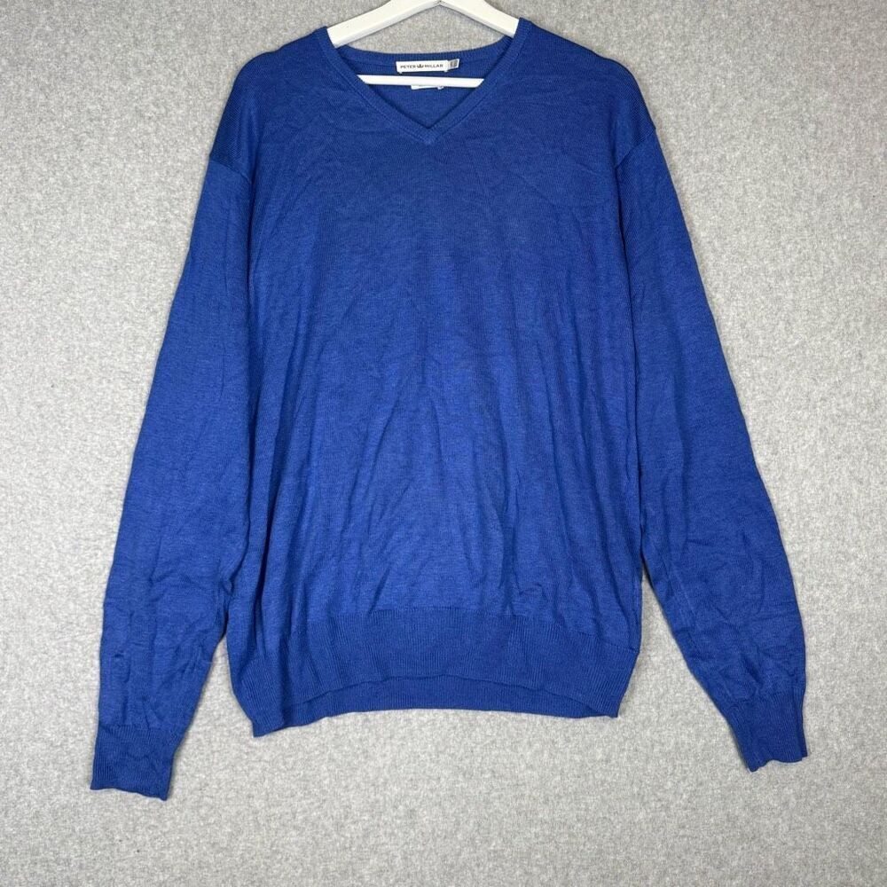 Peter Millar Men's Size Large Cashmere Silk Blend Blue Pullover V-neck Sweater